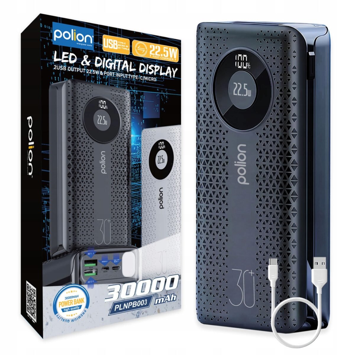 The Polion PLNPB003 30000 mAh Powerbank in black is a high-capacity, versatile charging solution designed for multiple devices.