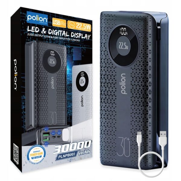 The Polion PLNPB003 30000 mAh Powerbank in black is a high-capacity, versatile charging solution designed for multiple devices.