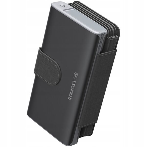 The Romoss Solar Power Bank 30000mAh 65W in black is a versatile and high-capacity portable charger that combines the convenience of solar charging with powerful fast charging capabilities.