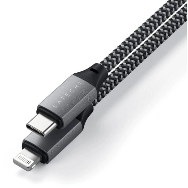 The Satechi USB-C to Lightning Short Cable (25cm) in space grey offers a compact, high-performance solution for charging and syncing Apple devices with a Lightning port.