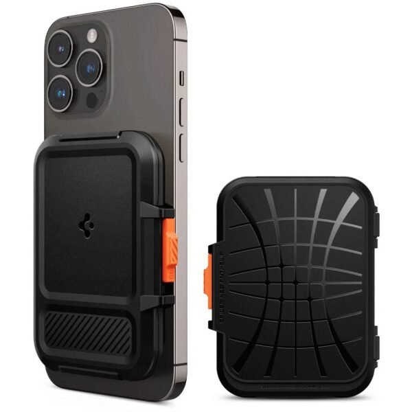 The Spigen iPhone Lock Fit Wallet with MagSafe in Black is a premium, functional accessory designed to securely hold your essential cards while attaching effortlessly to your MagSafe-enabled iPhone.