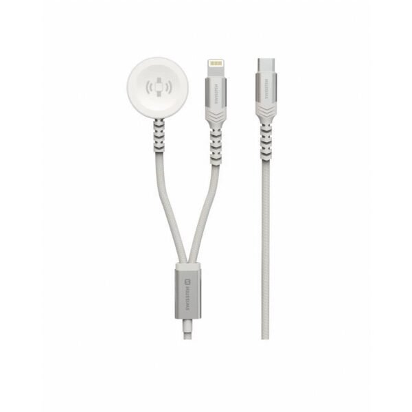 The Swissten Braided Magnetic Cable 2-in-1 for Apple Watch and Lightning (1.2m) in white offers a versatile and durable solution for charging both your Apple Watch and Lightning-equipped Apple devices.