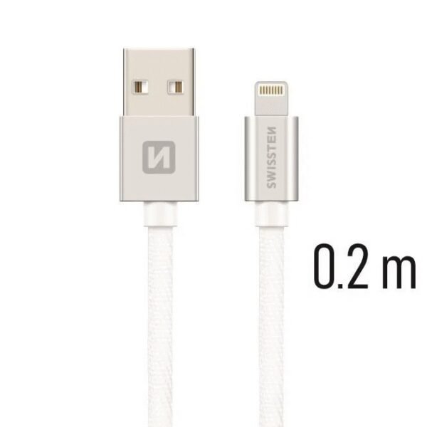 The Swissten Textile Data Cable Lightning 0.2m in silver is a compact, high-quality cable designed for charging and data transfer for Apple devices with a Lightning port.
