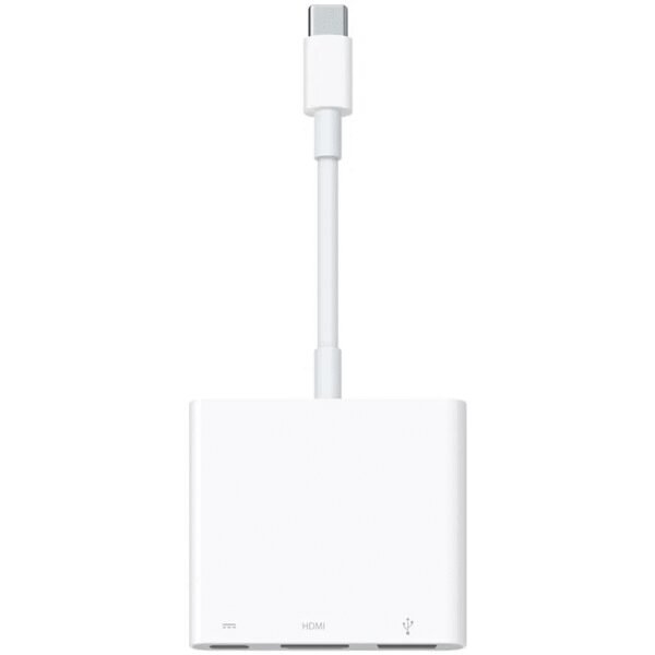 The Apple USB-C Digital AV Multiport Adapter with HDMI allows you to connect your USB-C device (like a MacBook or iPad) to an HDMI-enabled display while also offering a USB-A port and a USB-C charging port.