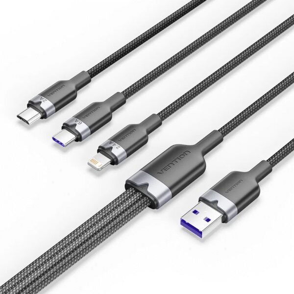 The Vention USB 2.0 A Male to 3-in-1 USB-C, Lightning, and Micro-B Male Cable (1.5m) in black offers outstanding versatility and convenience for charging and data transfer.