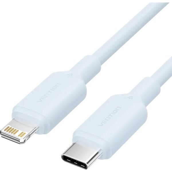 The Vention USB 2.0 Type-C Male to Lightning Male 3A Cable (1M) in blue is a high-quality charging and data transfer cable designed for Apple devices with a Lightning connector.