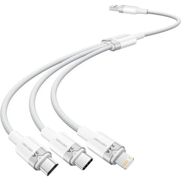 The Vention USB 2.0 A Male to 3-in-1 USB-C, Lightning, and Micro-B Male Cable (1.5m) in white offers exceptional versatility for charging and data transfer across multiple devices.