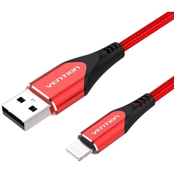The Vention Lightning MFi to USB 2.0 Braided Cable (C89) 2m in red combines durability and style, offering a reliable solution for charging and data transfer between USB ports and Lightning-enabled Apple devices.