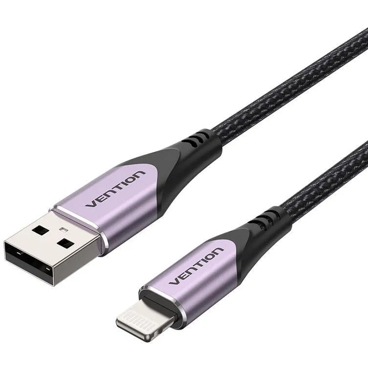 Vention MFi Lightning to USB Cable Purple 2M Aluminum Alloy Type 1 The Vention MFi Lightning to USB Cable (2m) in purple offers a reliable and durable solution for charging and data transfer between Lightning-enabled Apple devices and USB power sources.