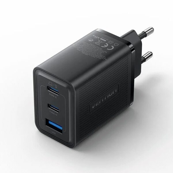 The Vention 3-Port USB (C+C+A) GaN Charger is a powerful and efficient charging solution designed to quickly charge multiple devices at once.