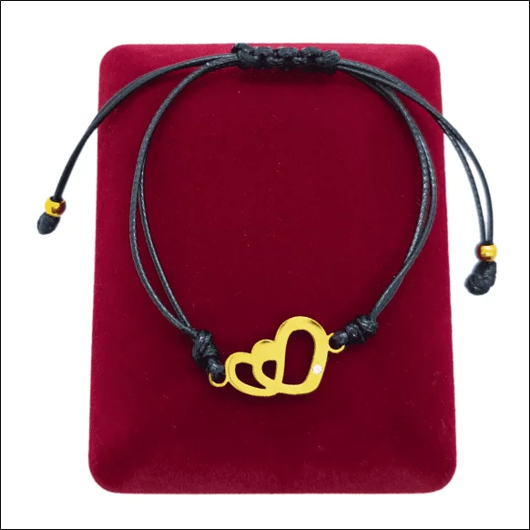 Black string bracelet with hearts - Gold plated surgical steel