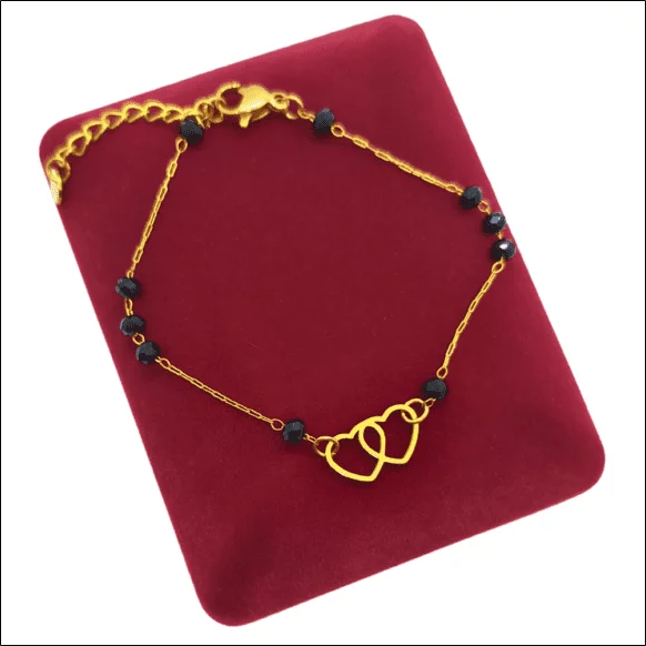 Bracelet gold hearts and beads 15cm +2cm - Gold plated surgical steel