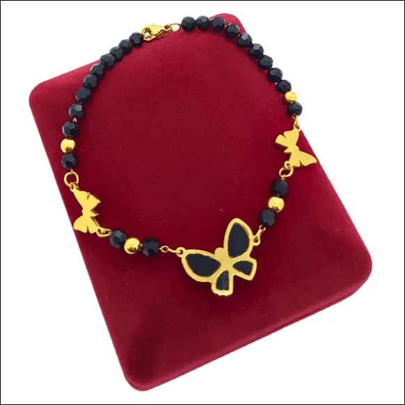 Butterfly and Black Beads Bracelet 19cm+3cm – Gold Plated Surgical Steel