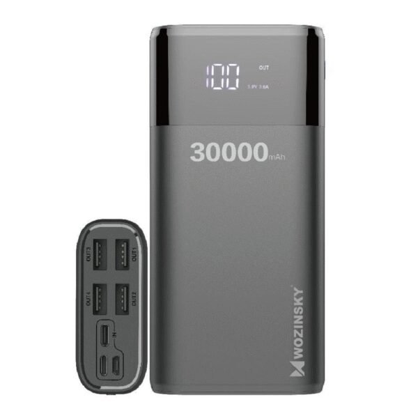 The WOZINSKY Power Bank features a powerful 30,000mAh capacity and is equipped with four USB ports, allowing you to charge multiple devices simultaneously.