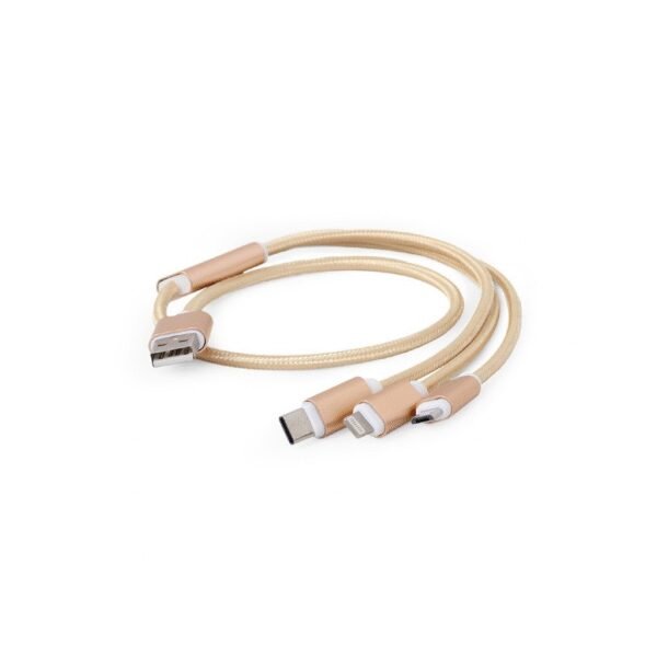 The CABLEXPERT USB-A Male to microUSB, USB-C, and Lightning cable (1m, gold) is a versatile, all-in-one solution for charging and data transfer across a wide range of devices, including iPhones, Android smartphones, and USB-C compatible gadgets.