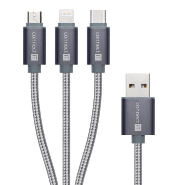 The Connect IT Wirez 3-in-1 cable offers a versatile solution for charging and data transfer, featuring USB-C, microUSB, and Lightning connectors.