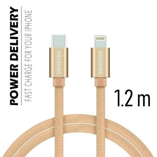 The SWISSTEN Textile USB-C to Lightning data cable (1.2m, gold) is designed to offer both fast charging and data transfer for Apple devices, including iPhone 8 and newer models, as well as USB-C compatible devices.