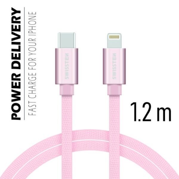 The SWISSTEN Textile USB-C data cable combines durability with style, featuring a rose gold braided design that not only looks sleek but also ensures enhanced strength and flexibility.
