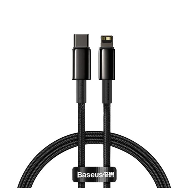 The Baseus Tungsten Gold fast charging/data cable (USB-C to Lightning, 1m, black) is designed to support PD 20W fast charging and efficient data transfer for Apple devices, including iPhone 8 and newer models.