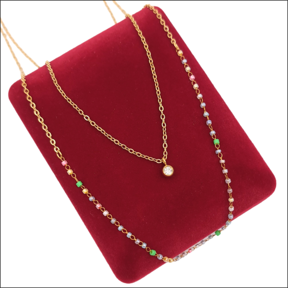 Delicate Necklace with Beads and Crystal - Gold Plated Surgical Steel