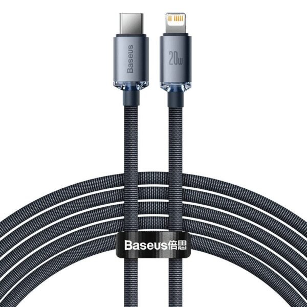 The Baseus Crystal Shine Series USB-C to Lightning charging/data cable (2m, black) supports 20W fast charging and efficient data transfer for Apple devices, including iPhone 8 and newer models.