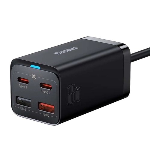 The Baseus GaN3 Pro fast charger features a total output of 65W across 2x USB-C ports and 2x USB-A ports, allowing you to charge multiple devices simultaneously.