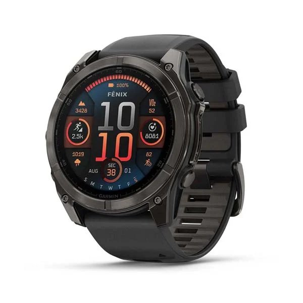 The Garmin fenix® 8 (51mm) features an AMOLED display and a robust slate grey steel case with a silicone strap.