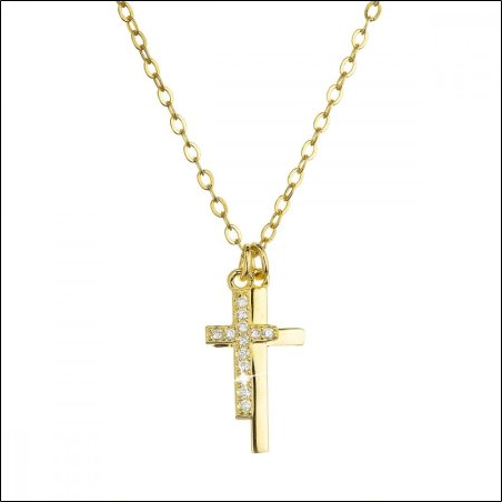 Gold-plated silver necklace with two small crosses and white zircons 12059.1 Au plating