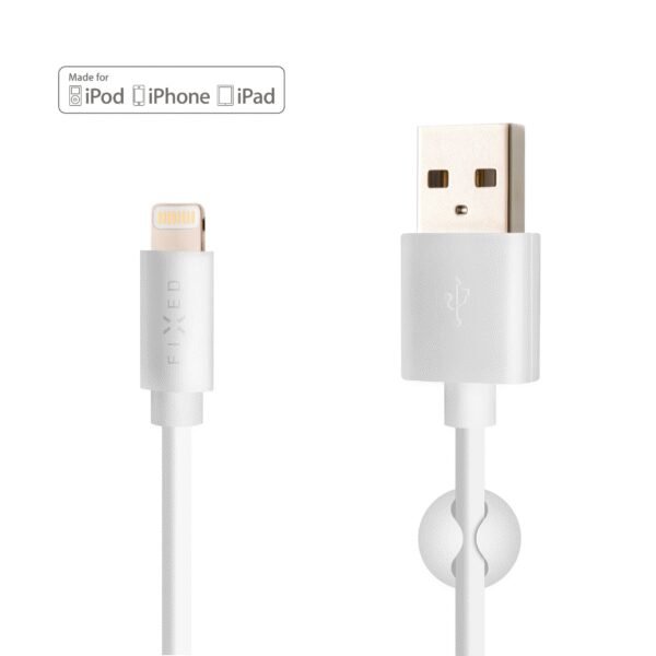 The FIXED USB to Lightning charging and data cable (2 meters, white) is MFi certified, ensuring full compatibility and safe charging for Apple devices, including iPhone 5 and newer models.