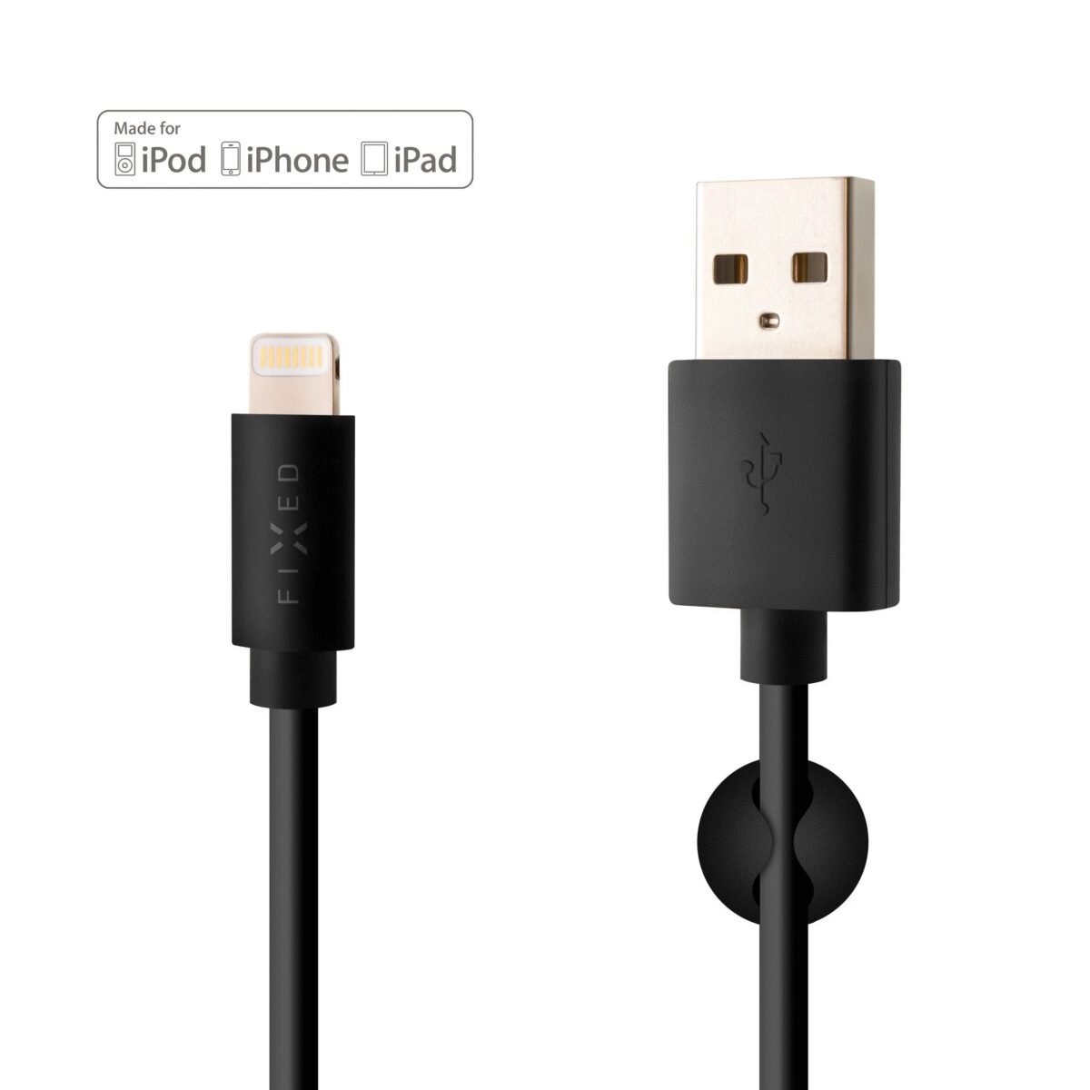 The FIXED USB to Lightning data and charging cable (2 meters, black) is MFi certified, ensuring full compatibility with Apple devices such as iPhone 5 and newer models.