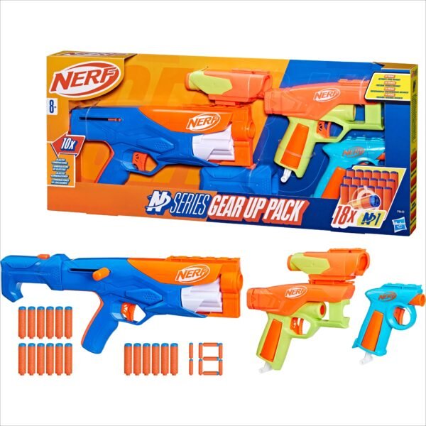 The Nerf N Series Gear Up Pack is a complete accessory set designed to enhance your Nerf blaster experience. It includes essential gear for Nerf battles, featuring darts, tactical accessories, and more, all tailored for the Nerf N Series blasters. Perfect for players looking to upgrade their setup for enhanced performance and style. Ideal for kids aged 8 and up.