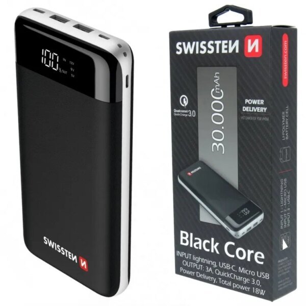 The SWISSTEN Core PowerBank 30,000mAh is a high-capacity portable power bank designed to keep your devices powered throughout the day.