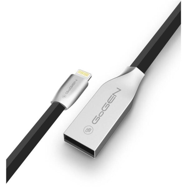 The GoGEN USB/Lightning cable (model LIGHTN100MM32) is a 1-meter flat cable designed for fast charging and data syncing for Apple devices.