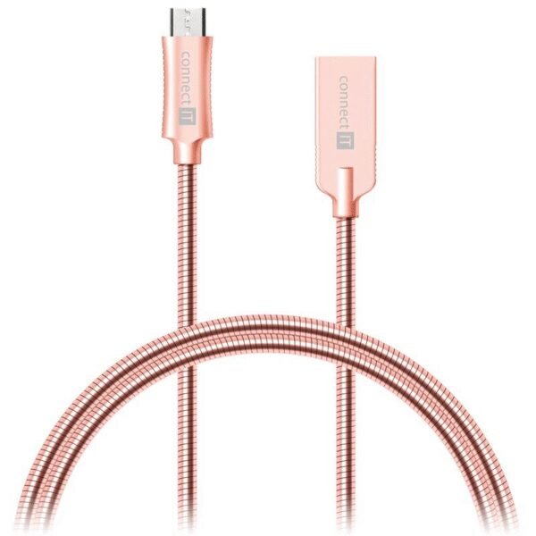 The Connect IT Wirez Steel Knight USB/Micro USB cable (CCA-3010-RG) features a stylish pink and gold design with a robust braided steel exterior for enhanced durability and flexibility.