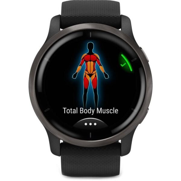 The Garmin Venu 2 Smartwatch (010-02430-11) in Slate with a black band combines style with advanced fitness features.