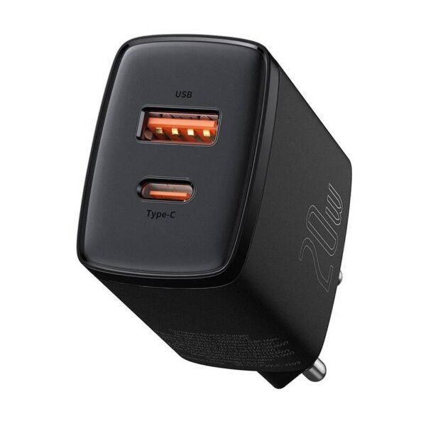 The Baseus USB-A, USB-C 20W wall charger (CCXJ-B01) provides efficient charging with one USB-A port and one USB-C port, delivering up to 20W of fast charging power.