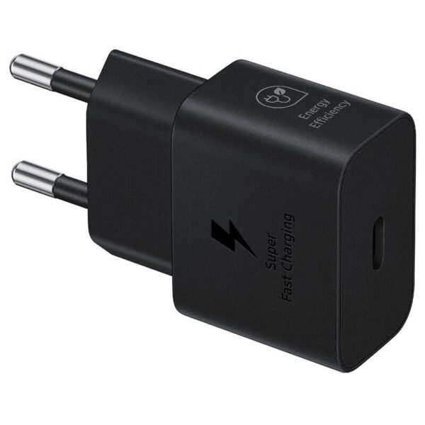The Samsung EP-T2510 wall charger (EP-T2510NBEGEU) delivers 25W fast charging through its USB-C port, making it perfect for charging smartphones, tablets, and other USB-C devices.