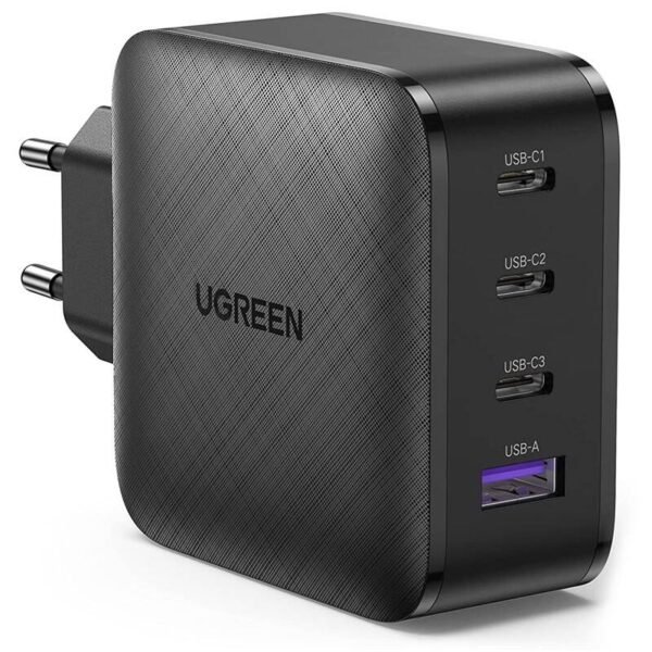 The UGREEN USB wall charger (70774) is equipped with 3 USB-C PD ports and provides a total output of 65W, making it an efficient solution for charging multiple devices simultaneously.
