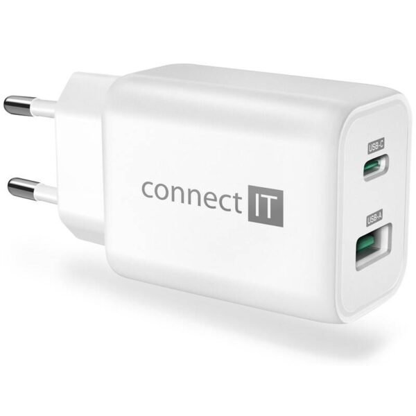 The Connect IT Wanderer2 GaN wall charger (CWC-2080-WH) offers a compact and efficient charging solution with 1 USB-C PD port and 1 USB-A port, delivering a total output of 33W.