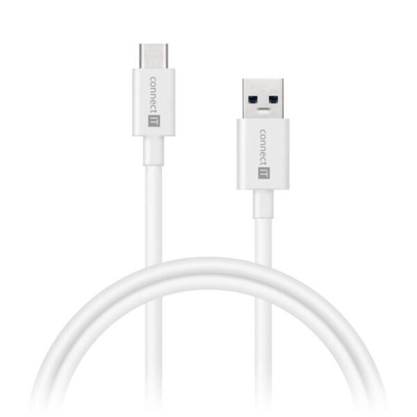 The Connect IT USB/USB-C cable (2 m) in white is designed for both charging and data transfer between USB-A and USB-C devices.