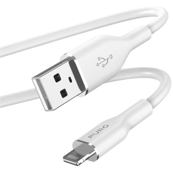 The Puro Soft Lightning to USB-A cable (12W, 1.5m, model PUCAPLTICONWHI) is a high-quality, durable cable designed for fast charging and syncing of Apple devices.