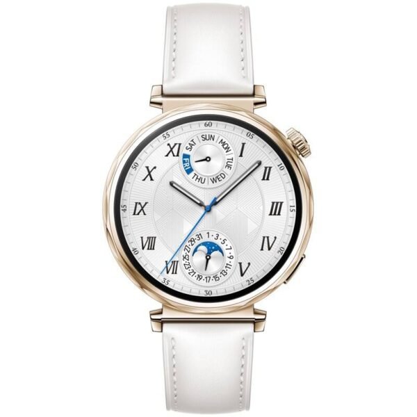 The Huawei Watch GT 5 41 mm (55020DJT) offers a premium design with a stylish gold case and a luxurious white composite leather strap, making it a versatile and elegant accessory for both everyday wear and special occasions.