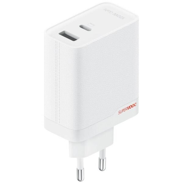 The OnePlus SUPERVOOC mains charger (5461100631) features 1 USB-A port and 1 USB-C port, delivering up to 120W of fast charging power using advanced GaN technology.