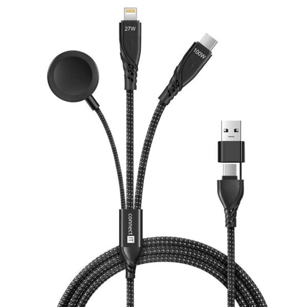 The Connect IT Wirez 6-in-1 cable (CCA-2300-BK) is a versatile 1.25-meter cable designed for charging multiple devices, including Apple iPhones, iPads, Apple Watches, and other USB-C compatible devices.