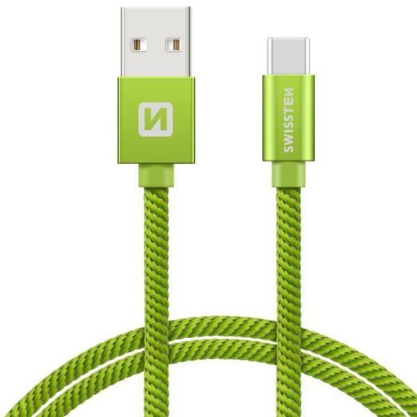 The SWISSTEN Textile USB-C data cable features a vibrant green braided design that combines style with durability.